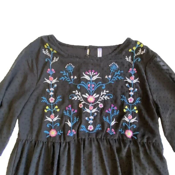 Xhilaration Black Swiss Dot Embroidered Babydoll Mini Dress M - Picture 3 of 14